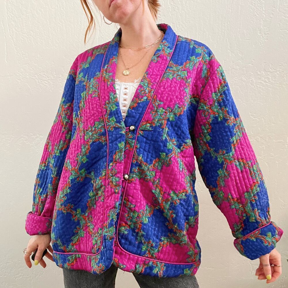 Vintage Style Quilted Blue Pink Paisley Button Up Jacket